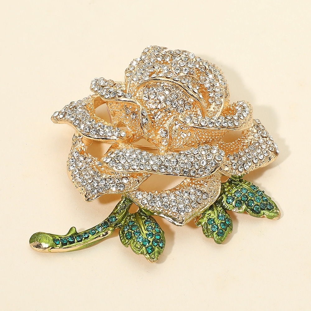Gold Rose Rhinestone Crystal 2.8 Inch Bling Green Flower Brooch Pin